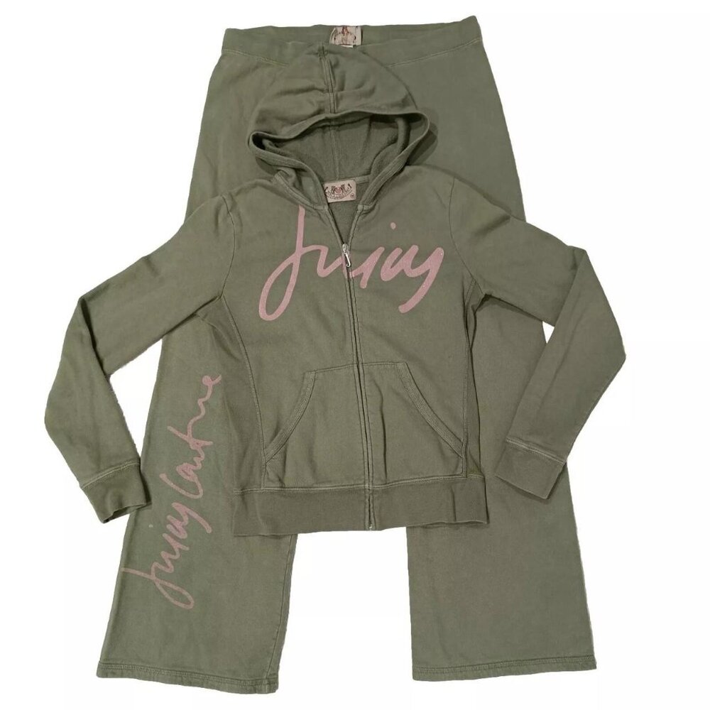 Vintage Juicy Couture Matching Tracksuit Set Green Pink Medium Jacket Pants Rare